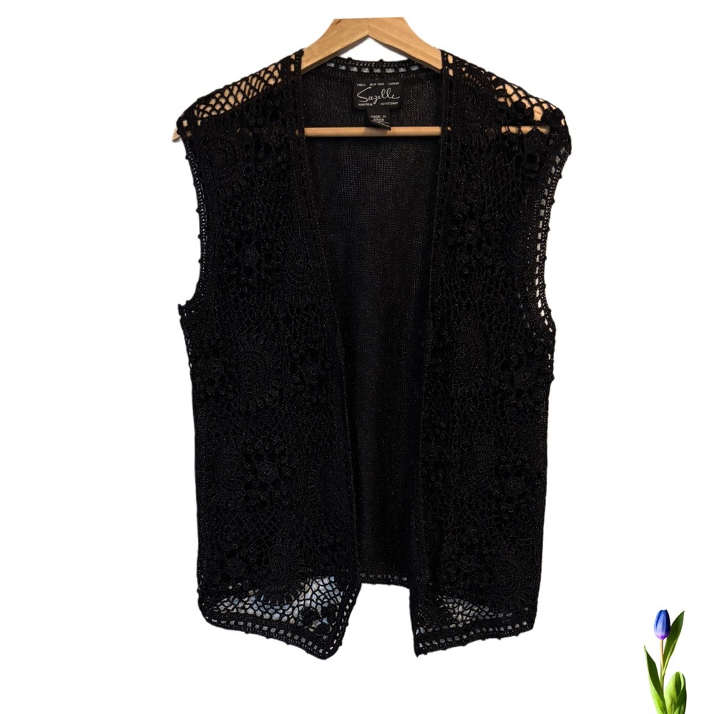 Suzelle Vintage Black Crochet Vest Size L